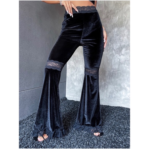 BellanBlue Pants - Black Glam Velvet Bell Bottom Wide Leg Lace Pants